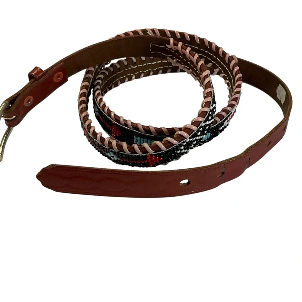 Vintage Brown Genuine Leather Handmade Tribal Design Seed Bead Embroidered Belt